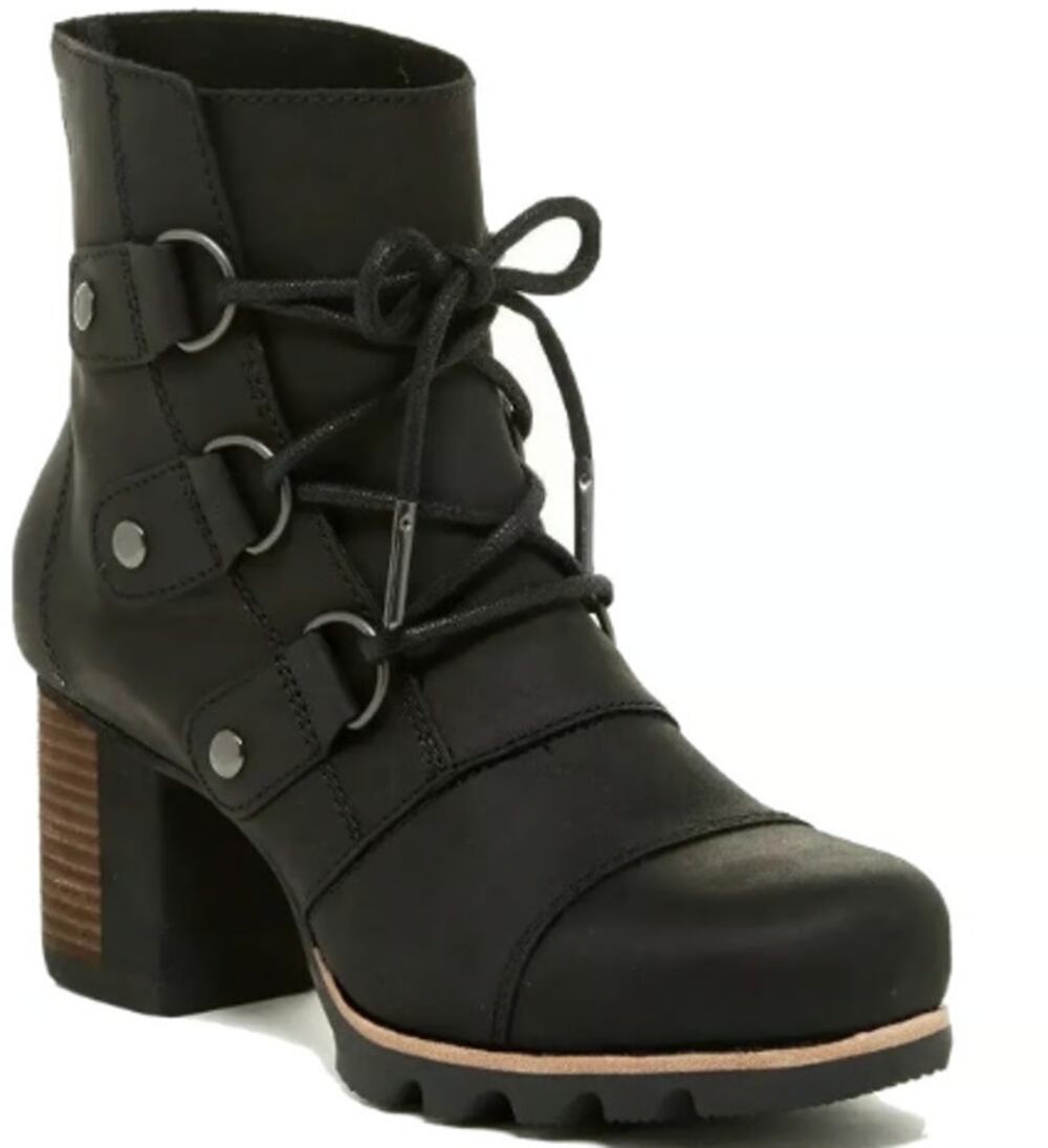 Sorel Addington Ankle Bootie Lace Up Stack High Heels Waterproof Leather Black 7